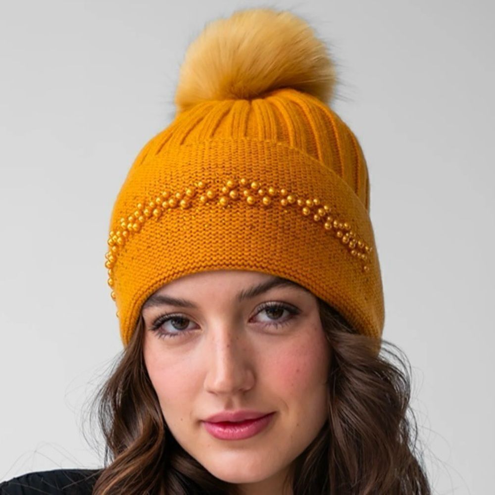 Adrienne Landau Mustard Knit Hat with Pom Pom